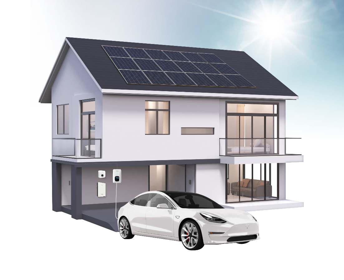 Casa con paneles solares, wallbox y auto eléctrico cargando